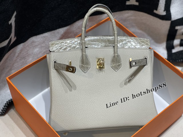 Hermes專櫃Birkin手提女包 愛馬仕togo皮搭配雙面鱷魚皮蓋頭蠟線手縫鉑金包 zhh1000